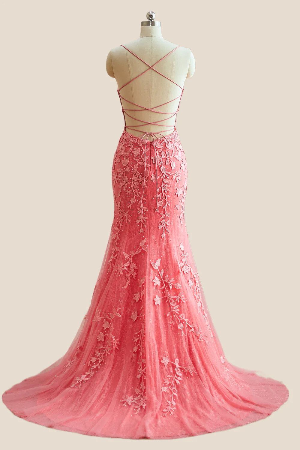 Straps Pink Lace Mermaid Long Formal Dress - Image 2