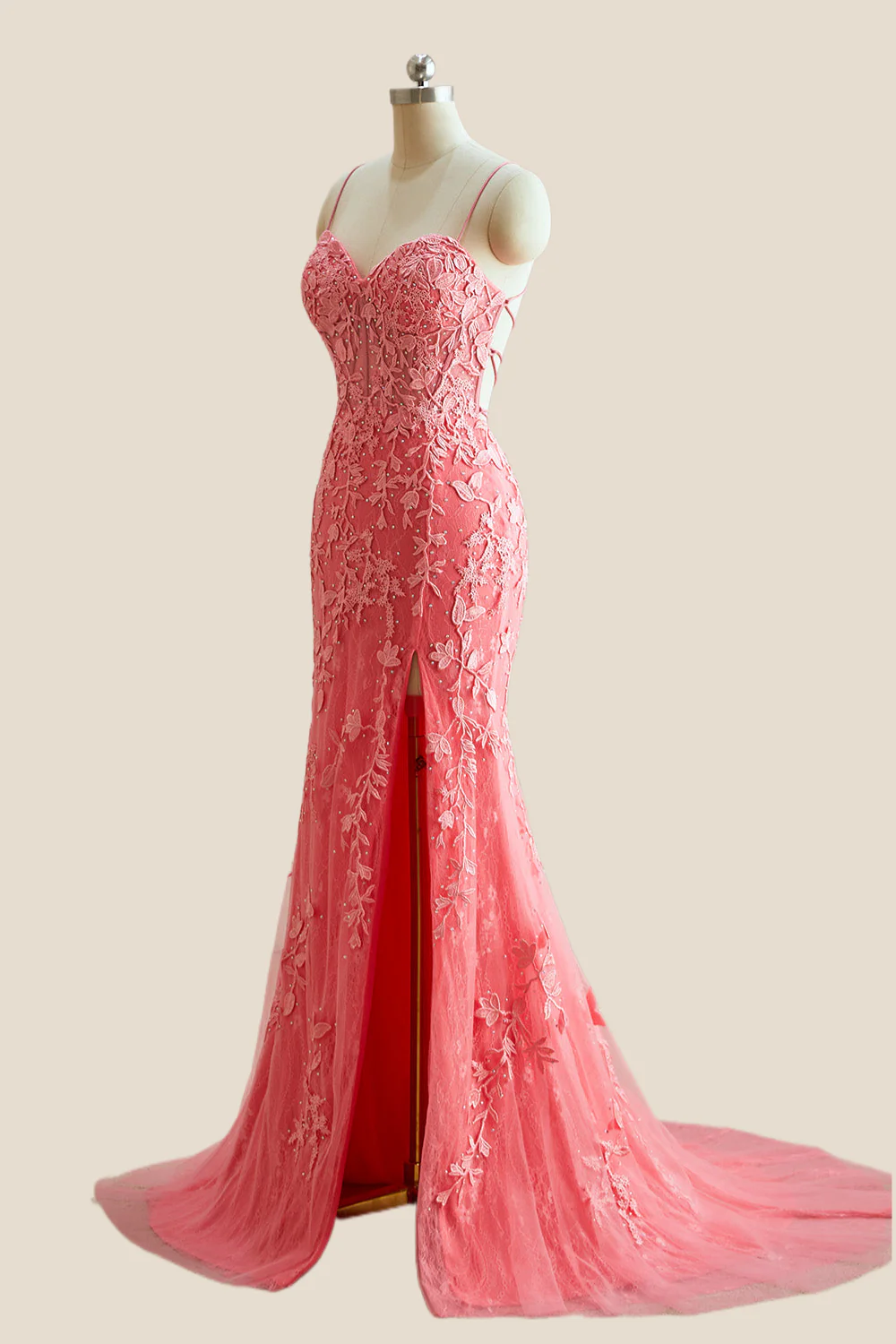 Straps Pink Lace Mermaid Long Formal Dress - Image 3