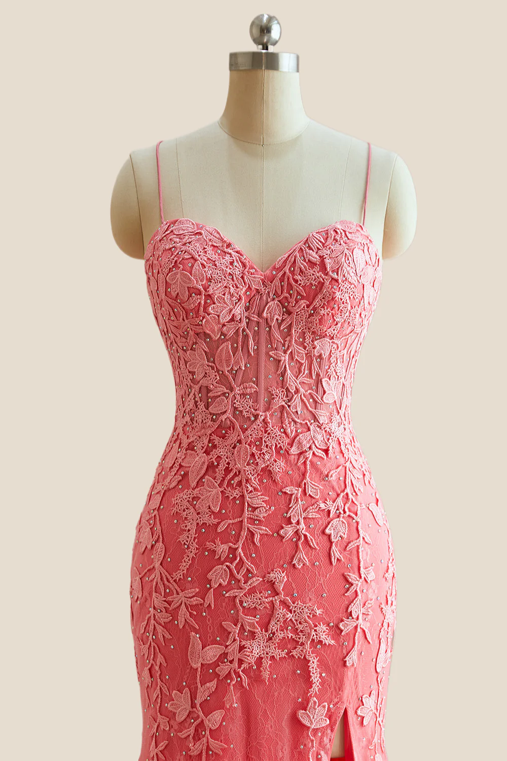 Straps Pink Lace Mermaid Long Formal Dress - Image 4