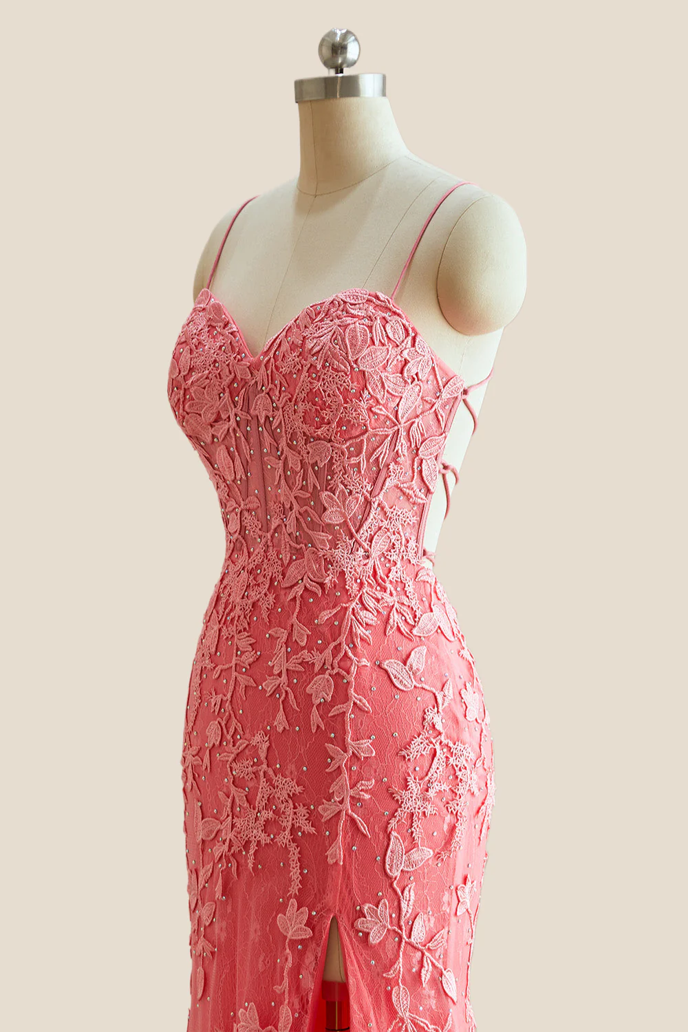 Straps Pink Lace Mermaid Long Formal Dress - Image 6