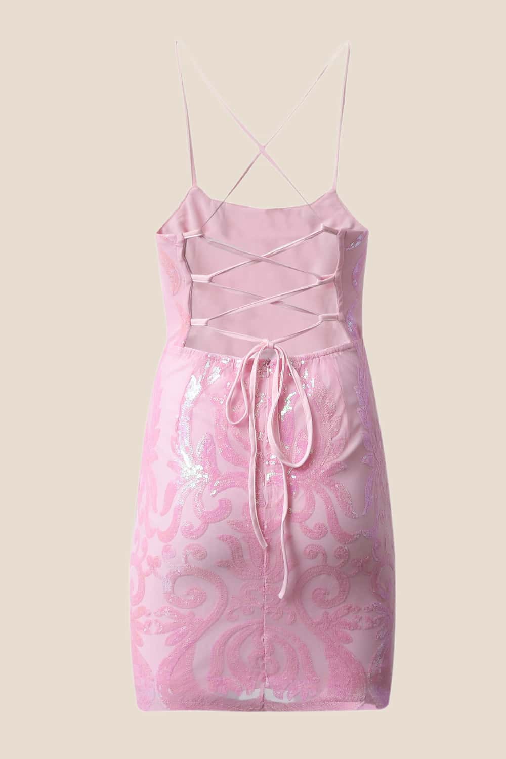 Straps Pink Sequin Embroidered Fitted Short Dress - Image 2