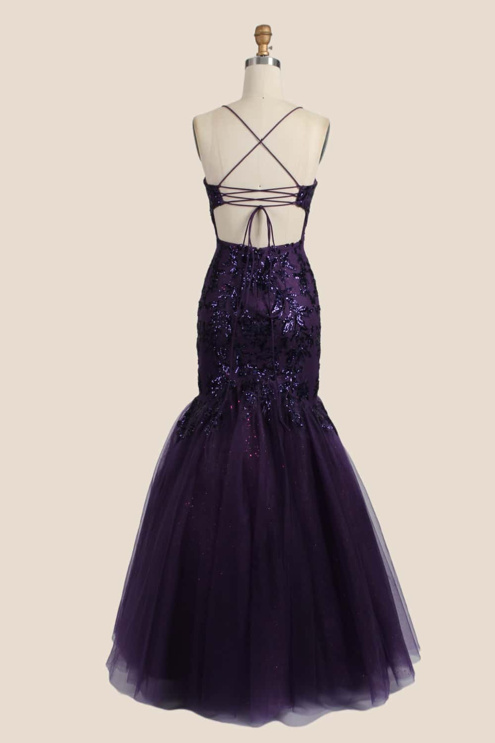 Straps Purple Appliques Mermaid Long Dress - Image 2