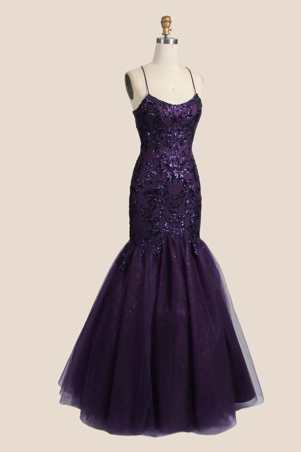 Straps Purple Appliques Mermaid Long Dress - Image 3