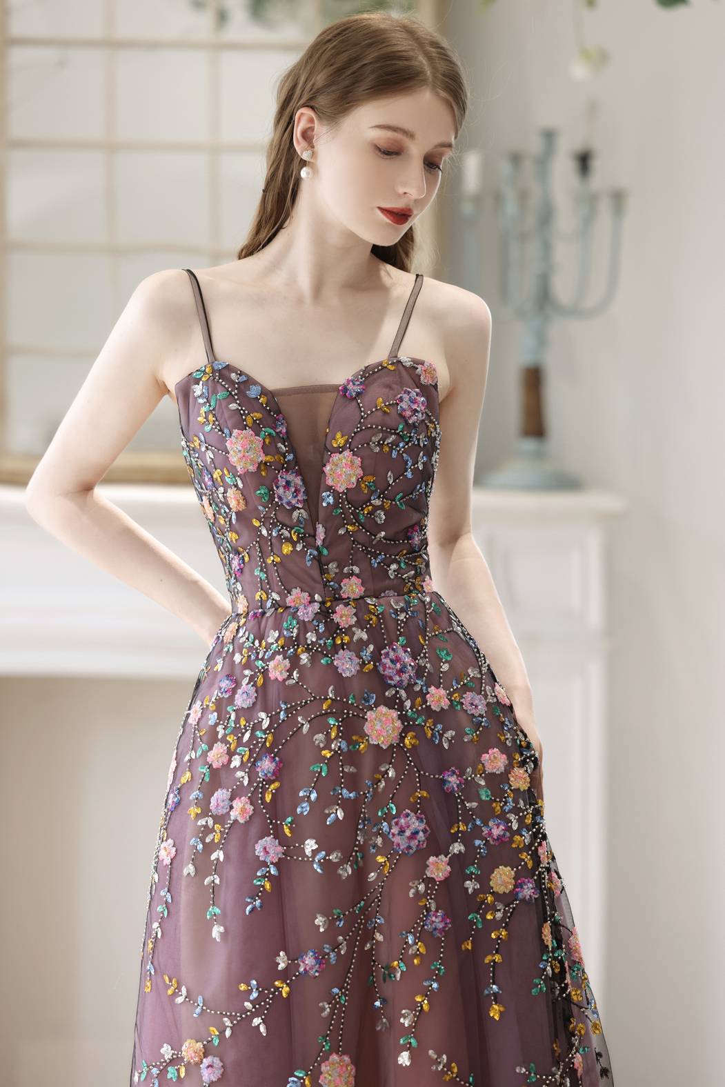 Straps Purple Beaded A-line Long Party Dress - Image 3