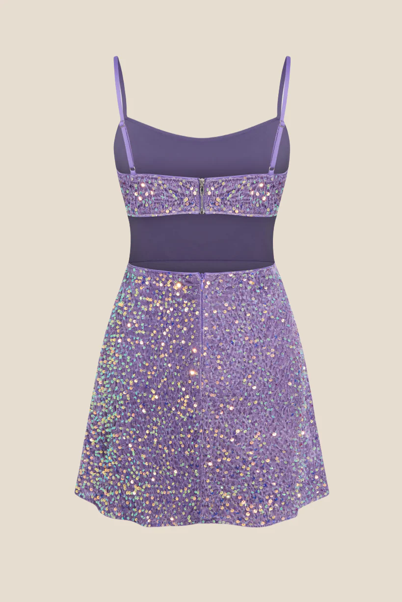 Straps Purple Sequin Ruched A-line Short Dress - Image 2