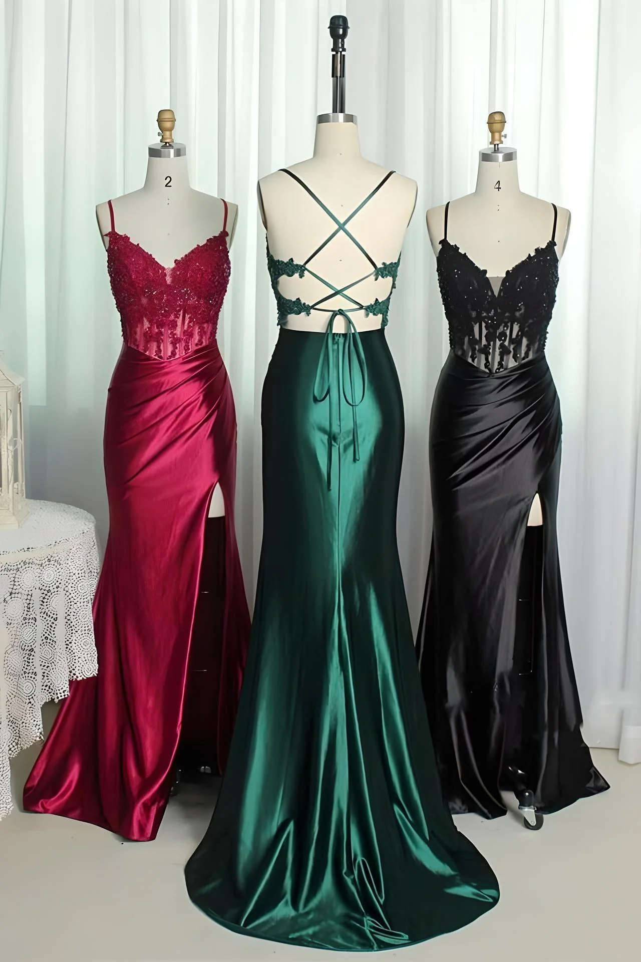 Straps Red Appliques Mermaid Ruched Long Party Dress - Image 5