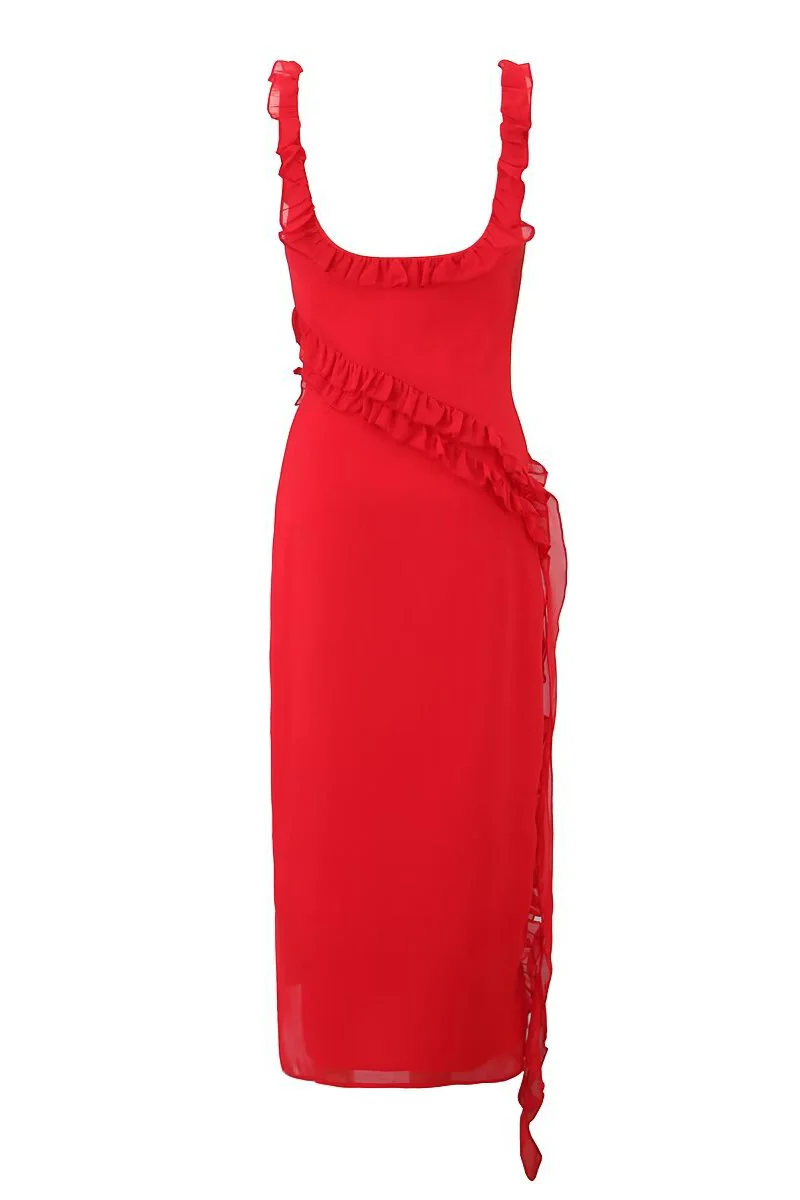 Straps Red Ruffle Long Summer Dress with Slit - Image 2