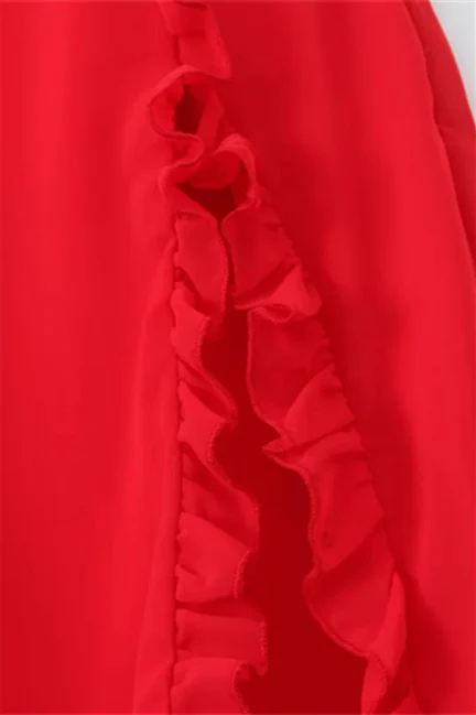 Straps Red Ruffle Long Summer Dress with Slit - Image 5