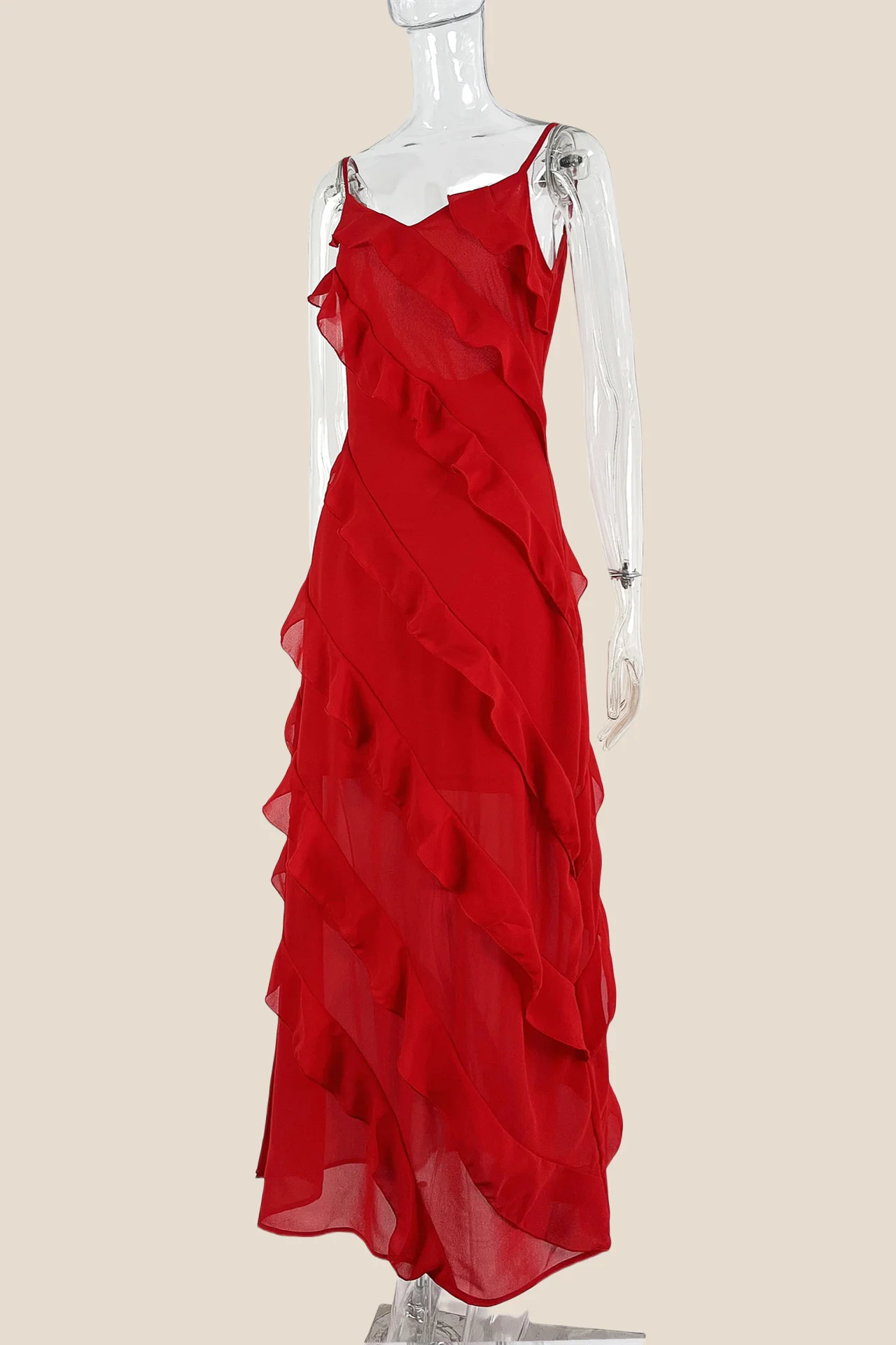 Straps Red Ruffle Sheath Long Dress with Slit - Image 3