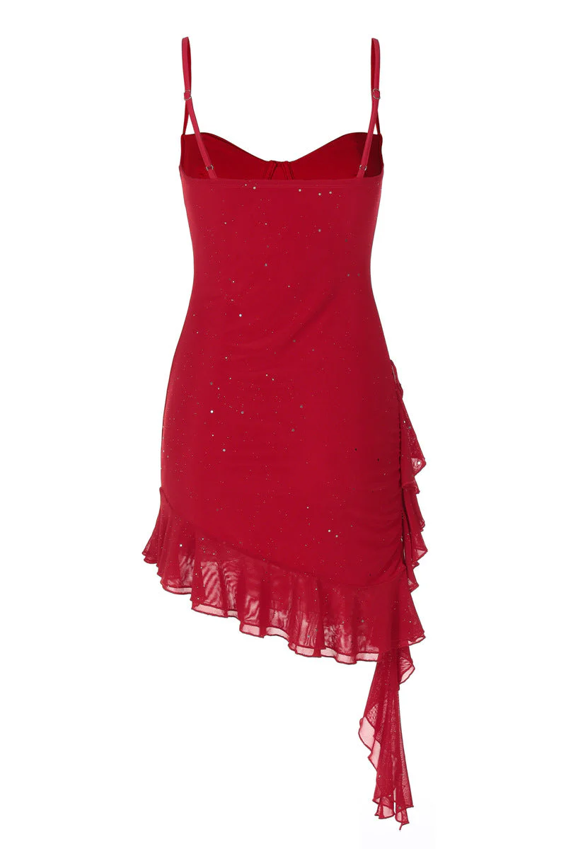 Straps Red Ruffle Hem Short Dress with Sequin - Image 2