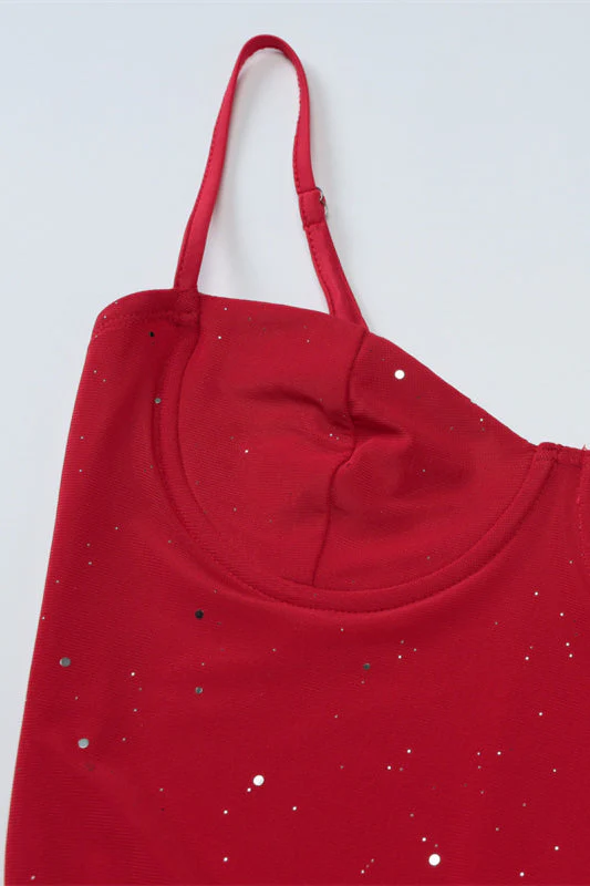 Straps Red Ruffle Hem Short Dress with Sequin - Image 3