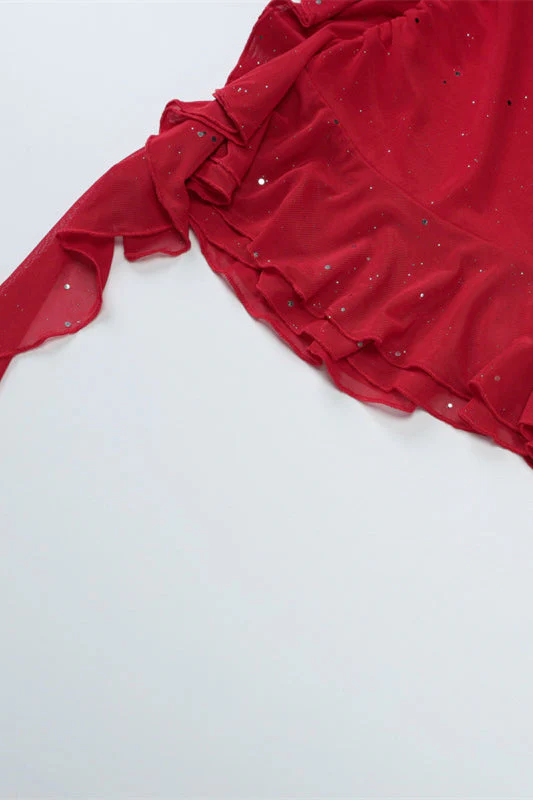 Straps Red Ruffle Hem Short Dress with Sequin - Image 7
