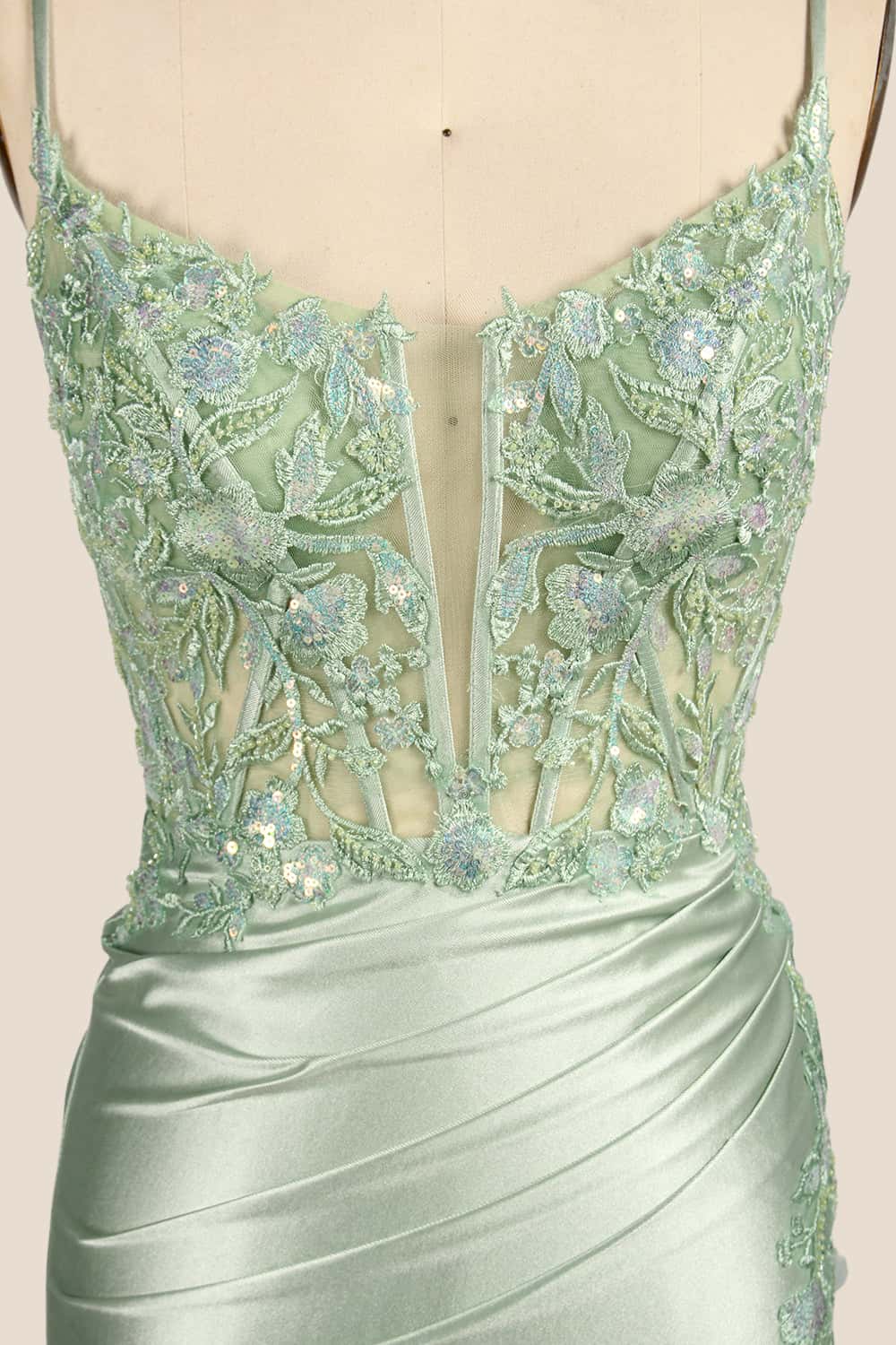 Straps Sage Appliques Ruched Fitted Dress - Image 3