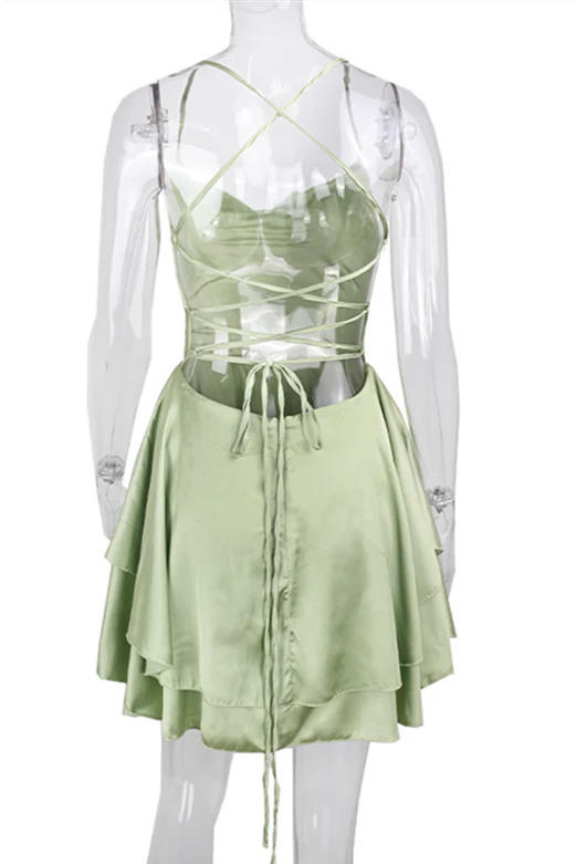 Straps Sage Green Ruffle Short Party Dress - Image 3