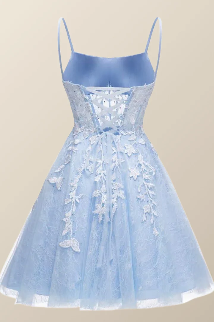 Straps Sky Blue Appliques Short Homecoming Dress - Image 2