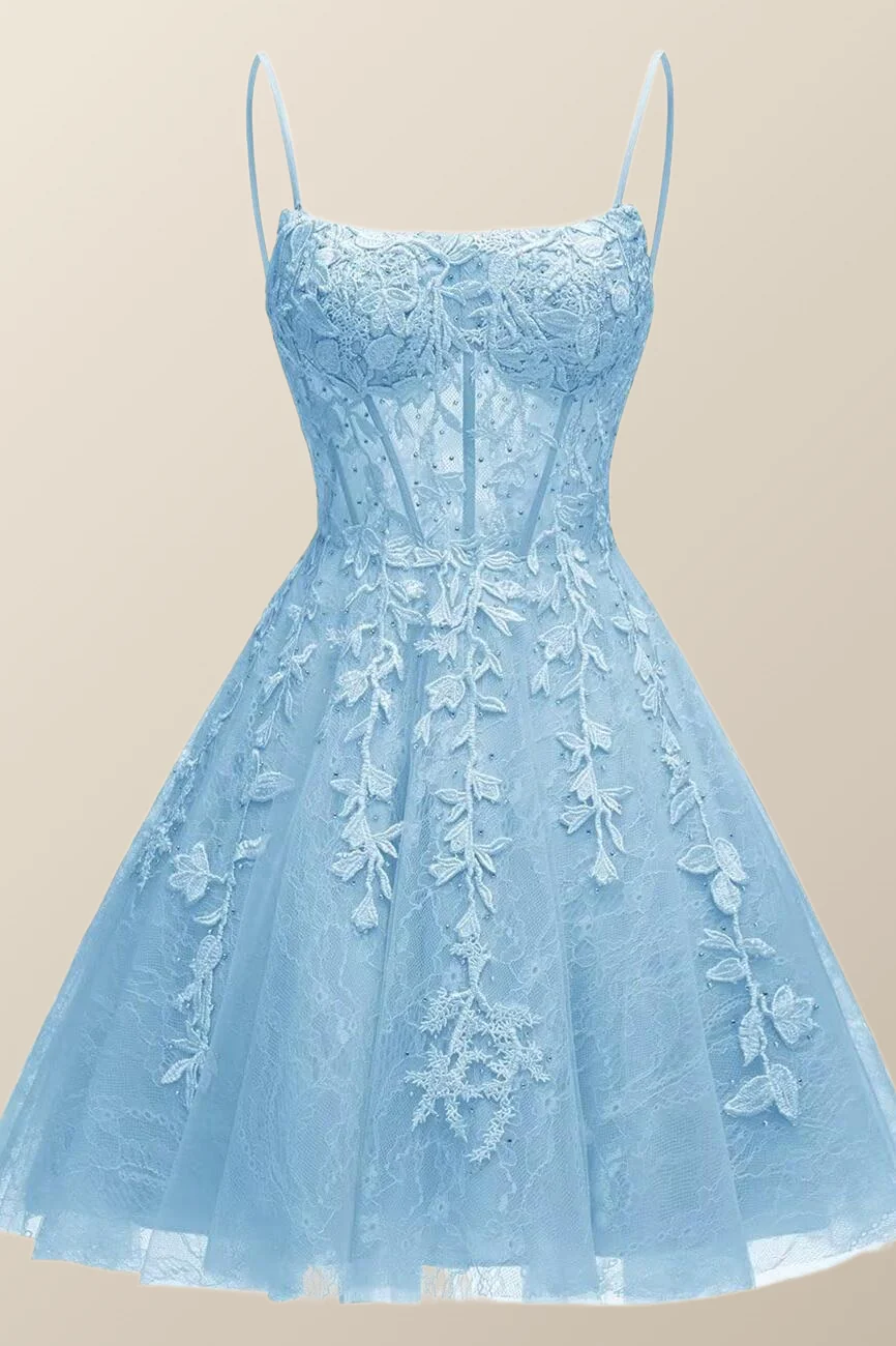 Straps Sky Blue Appliques Short Homecoming Dress - Image 4
