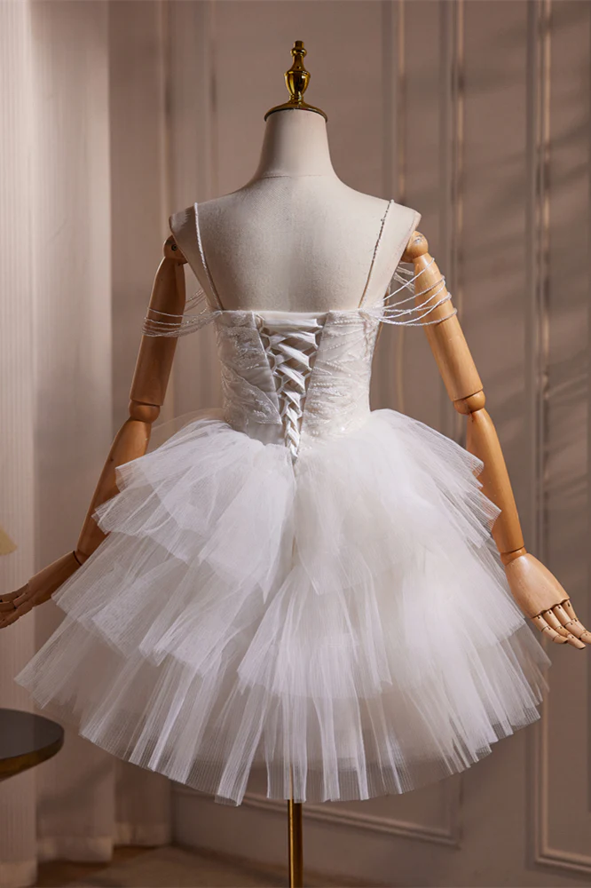 Straps White Beaded Ruffles Short Princess Dress - Image 2