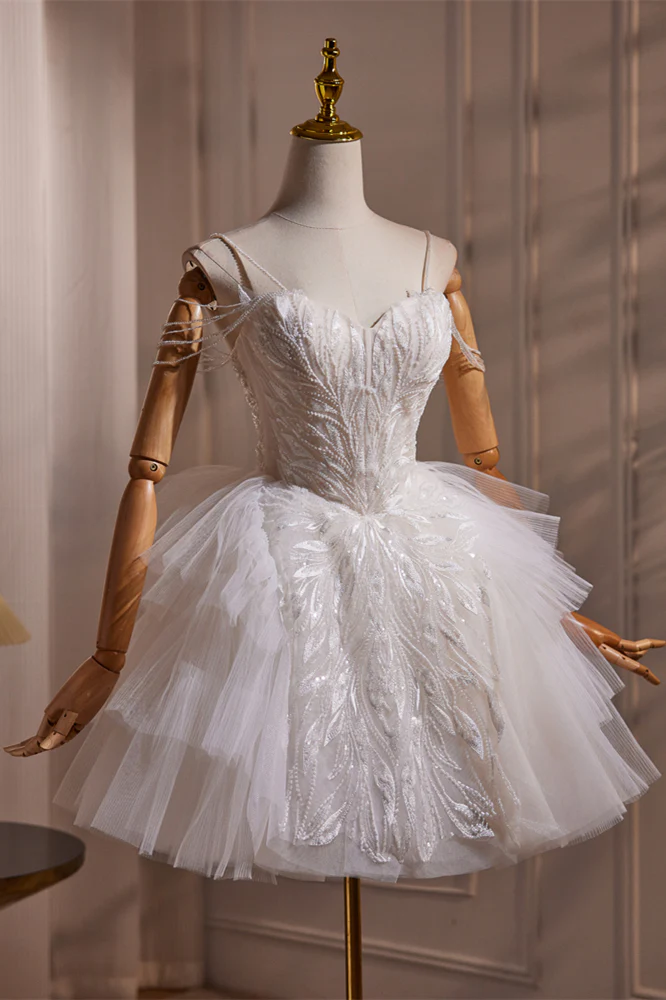 Straps White Beaded Ruffles Short Princess Dress - Image 4