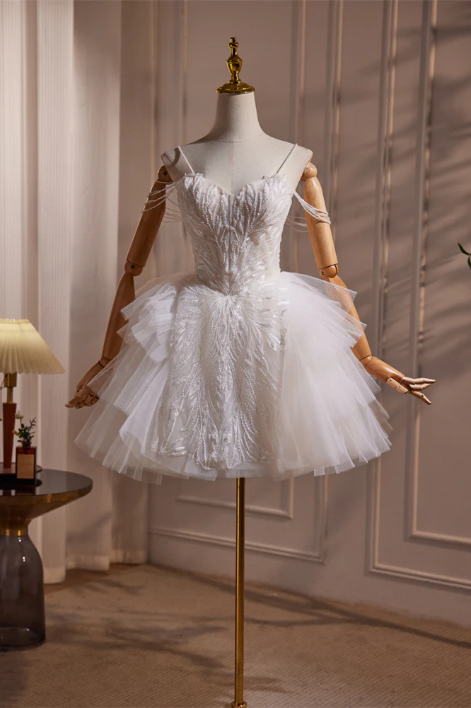 Straps White Beaded Ruffles Short Princess Dress - Image 5