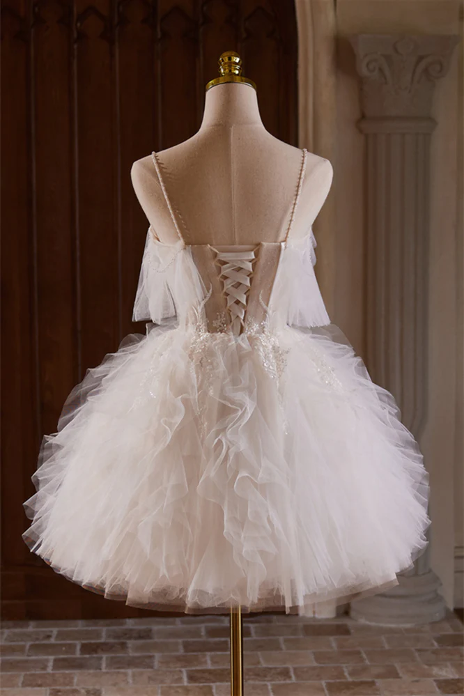 Straps White Floral Embroidered A-line Ruffles Princess Gown - Image 2
