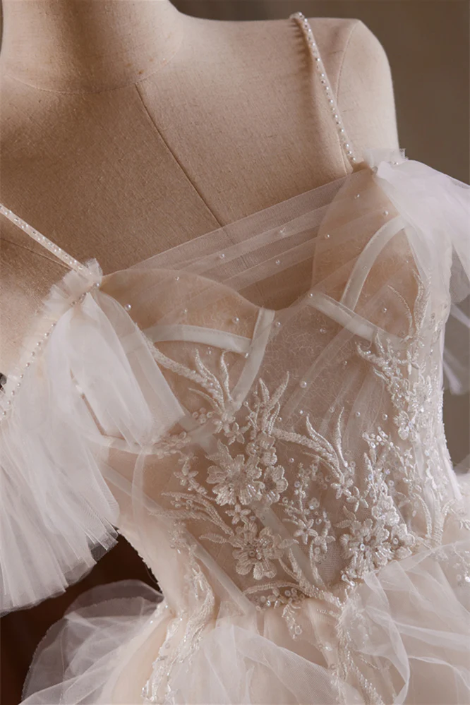 Straps White Floral Embroidered A-line Ruffles Princess Gown - Image 3