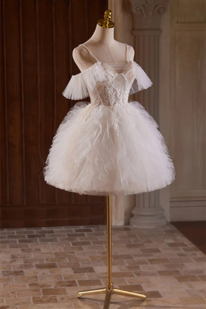 Straps White Floral Embroidered A-line Ruffles Princess Gown - Image 4