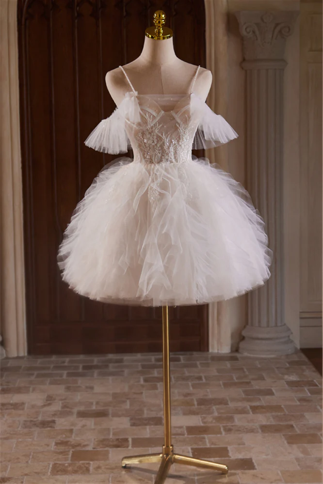 Straps White Floral Embroidered A-line Ruffles Princess Gown - Image 5