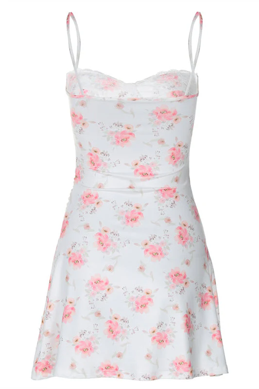 Straps White Floral Print Lace Stitching Short Dress - Image 2