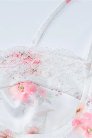 Straps White Floral Print Lace Stitching Short Dress - Image 3