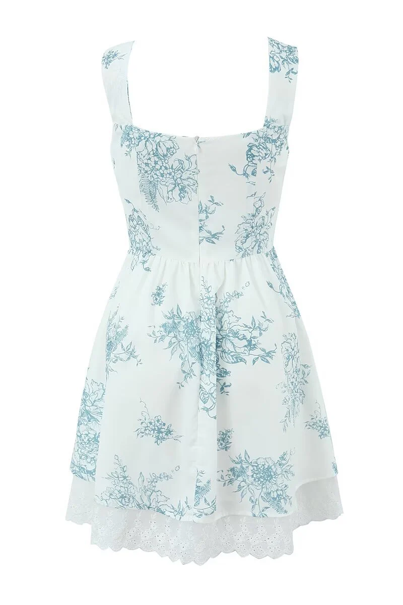 Straps White Floral Print Short Dress with Lace - Image 2