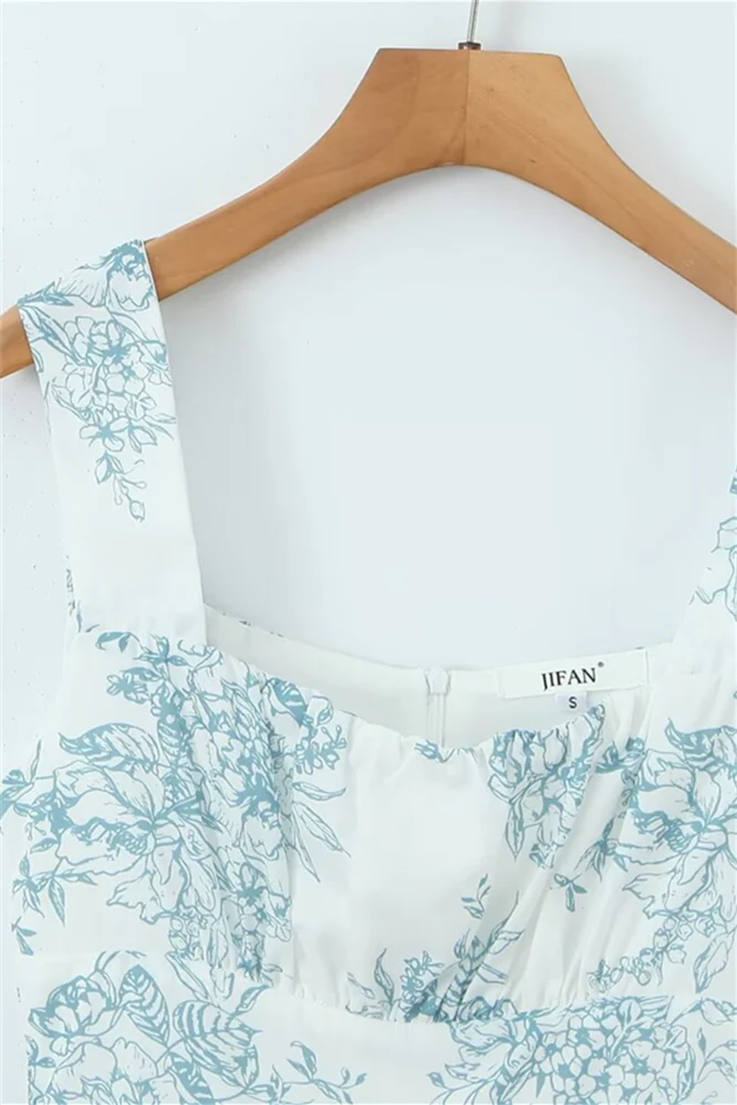 Straps White Floral Print Short Dress with Lace - Image 3