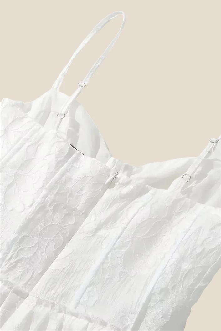Straps White Jacquard A-line Short Dress - Image 9