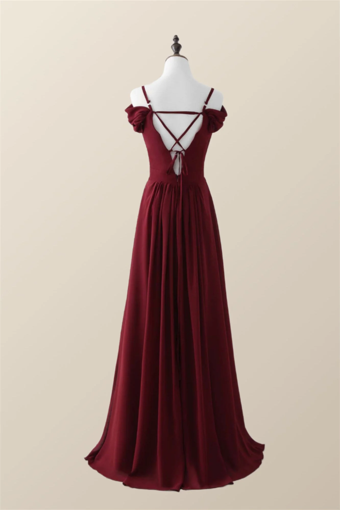 Straps Wine Red Chiffon A-line Long Bridesmaid Dress - Image 2