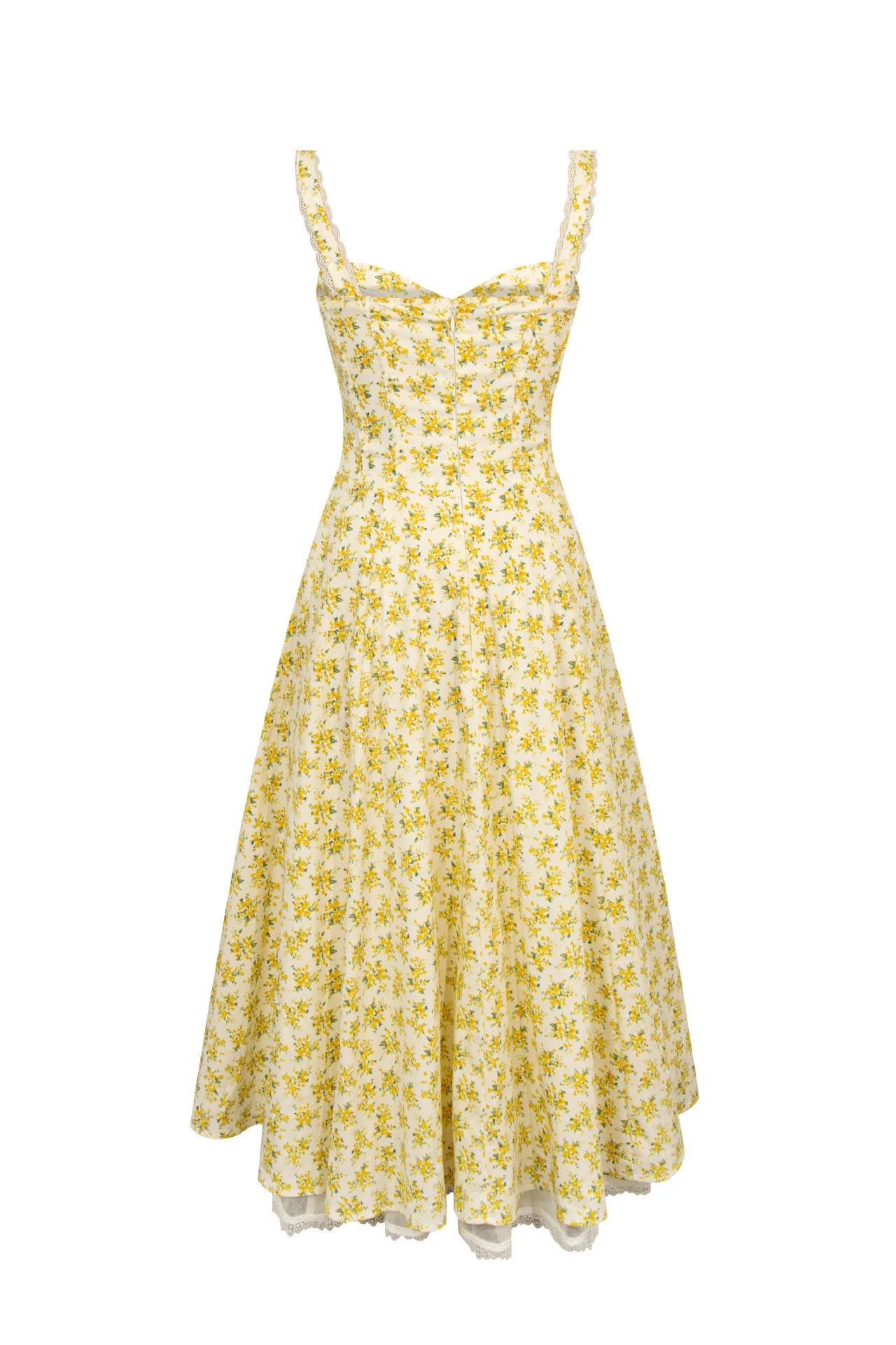 Straps Yellow Floral Print Summer Dress with Lace - Image 2