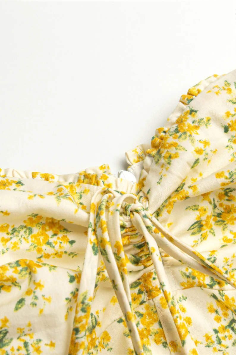 Straps Yellow Floral Print Summer Dress with Lace - Image 3