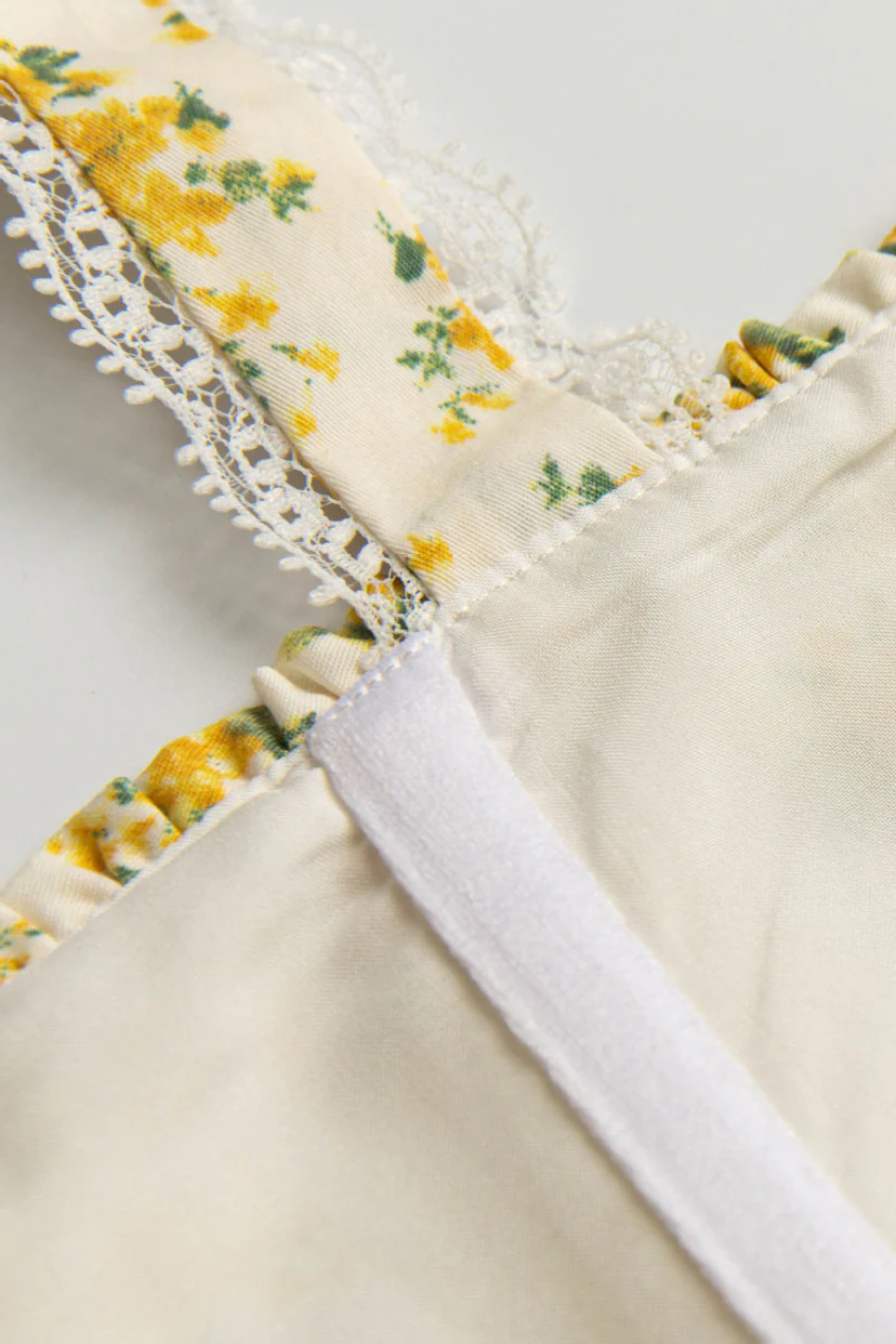 Straps Yellow Floral Print Summer Dress with Lace - Image 6