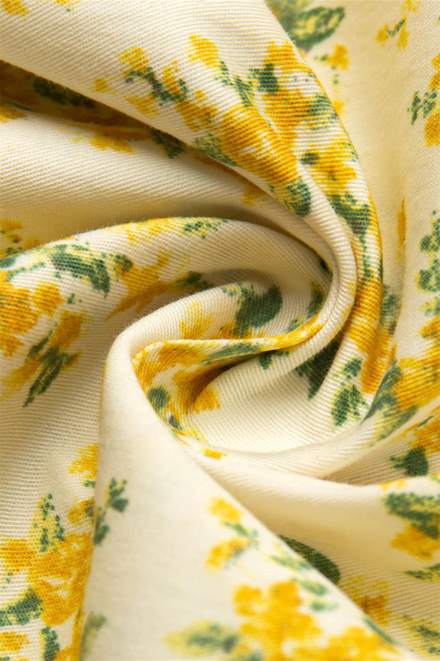 Straps Yellow Floral Print Summer Dress with Lace - Image 8