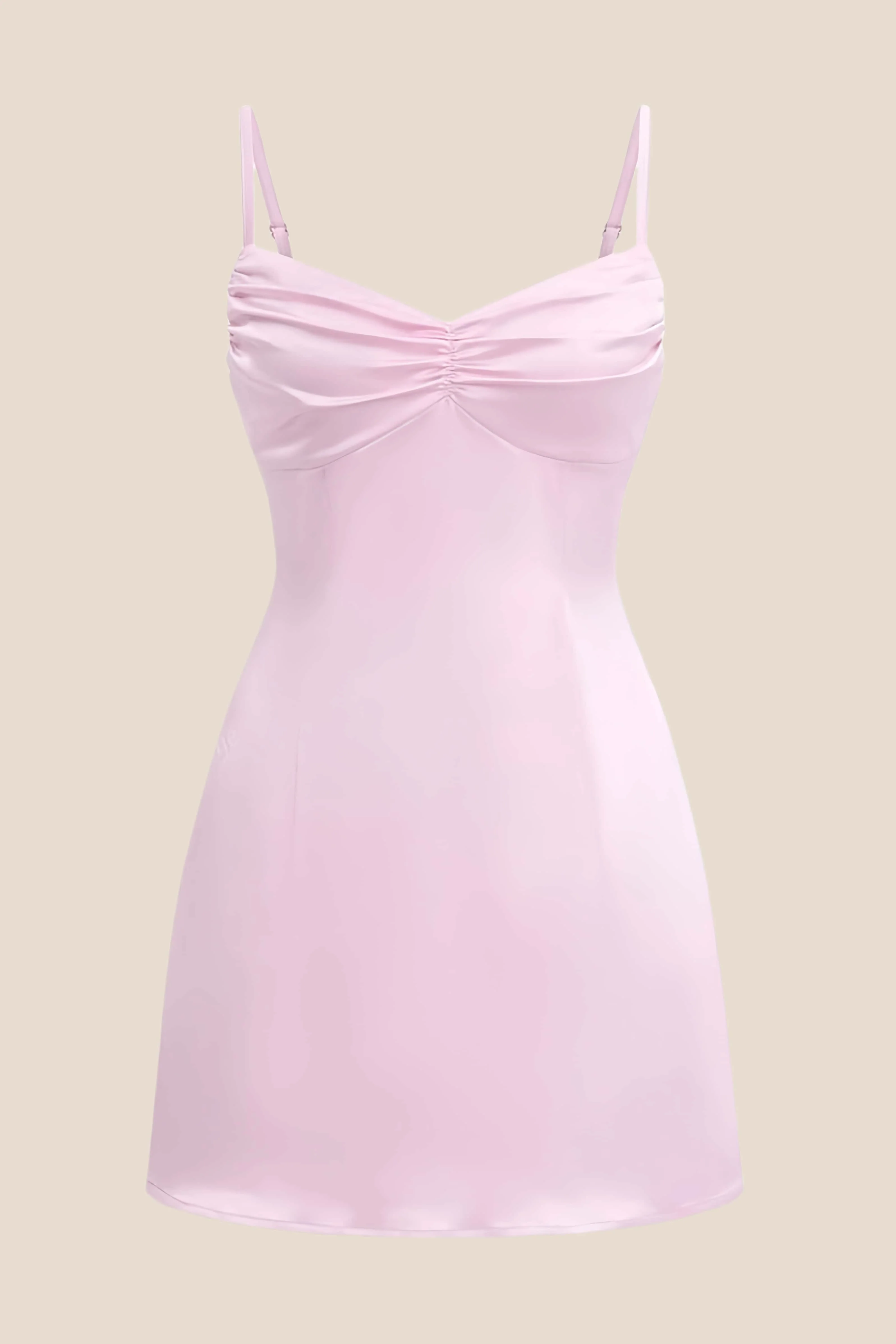 Straps Yellow Ruched Satin Short Dress - Image 2