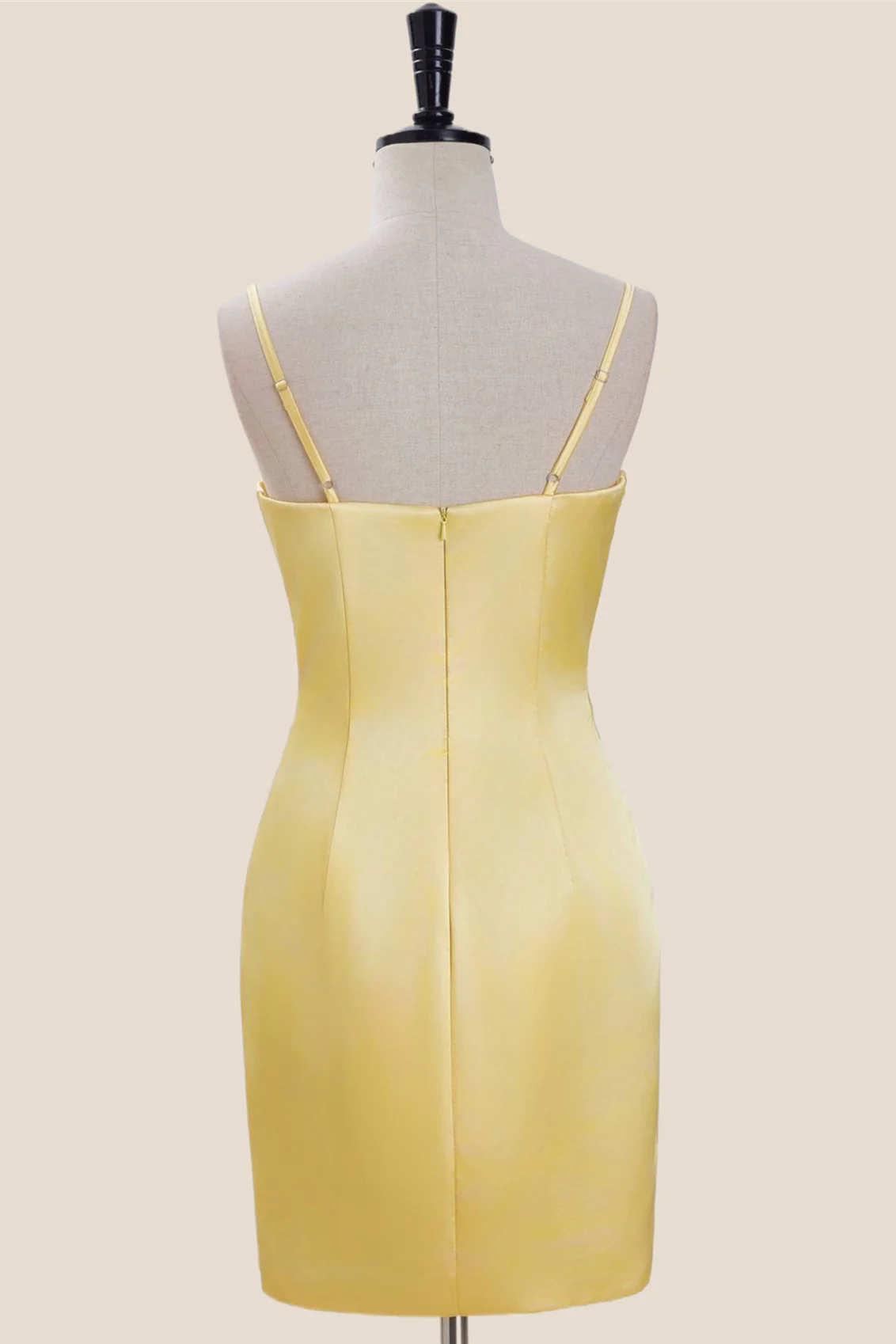 Straps Yellow Ruched Satin Bodycon Short Dress - Image 2