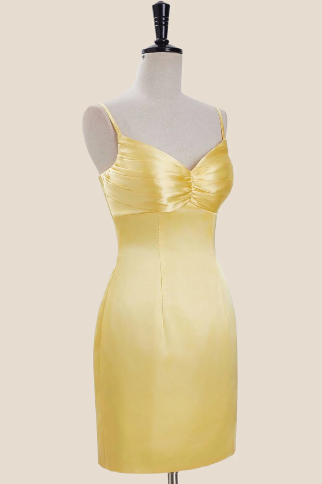 Straps Yellow Ruched Satin Bodycon Short Dress - Image 3