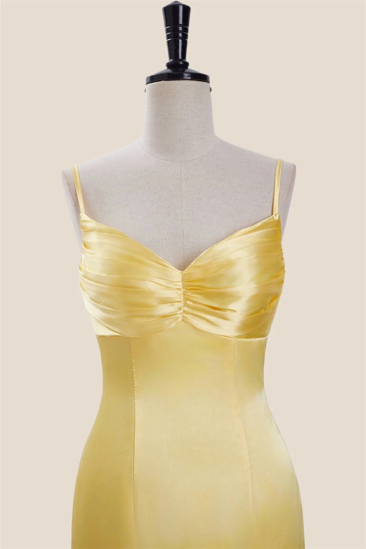 Straps Yellow Ruched Satin Bodycon Short Dress - Image 4