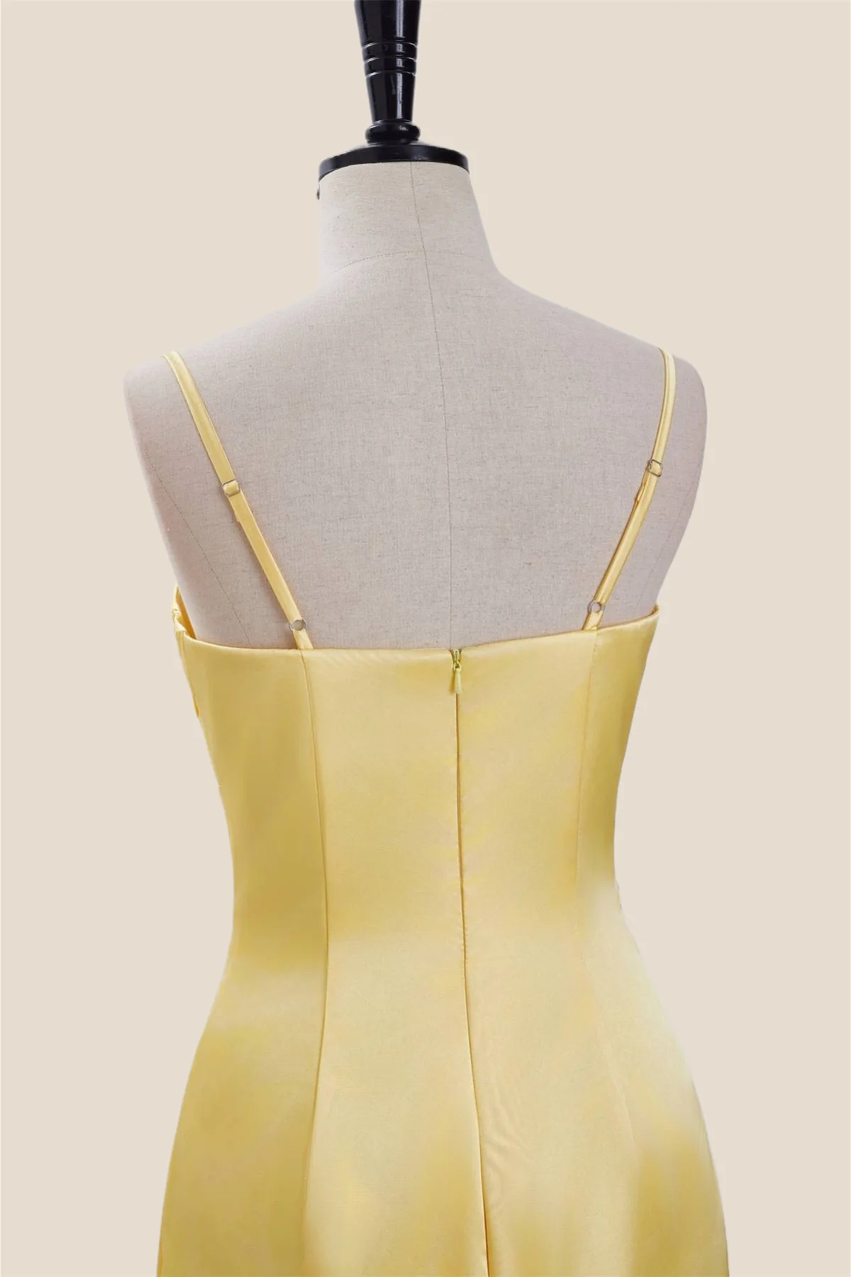 Straps Yellow Ruched Satin Bodycon Short Dress - Image 5