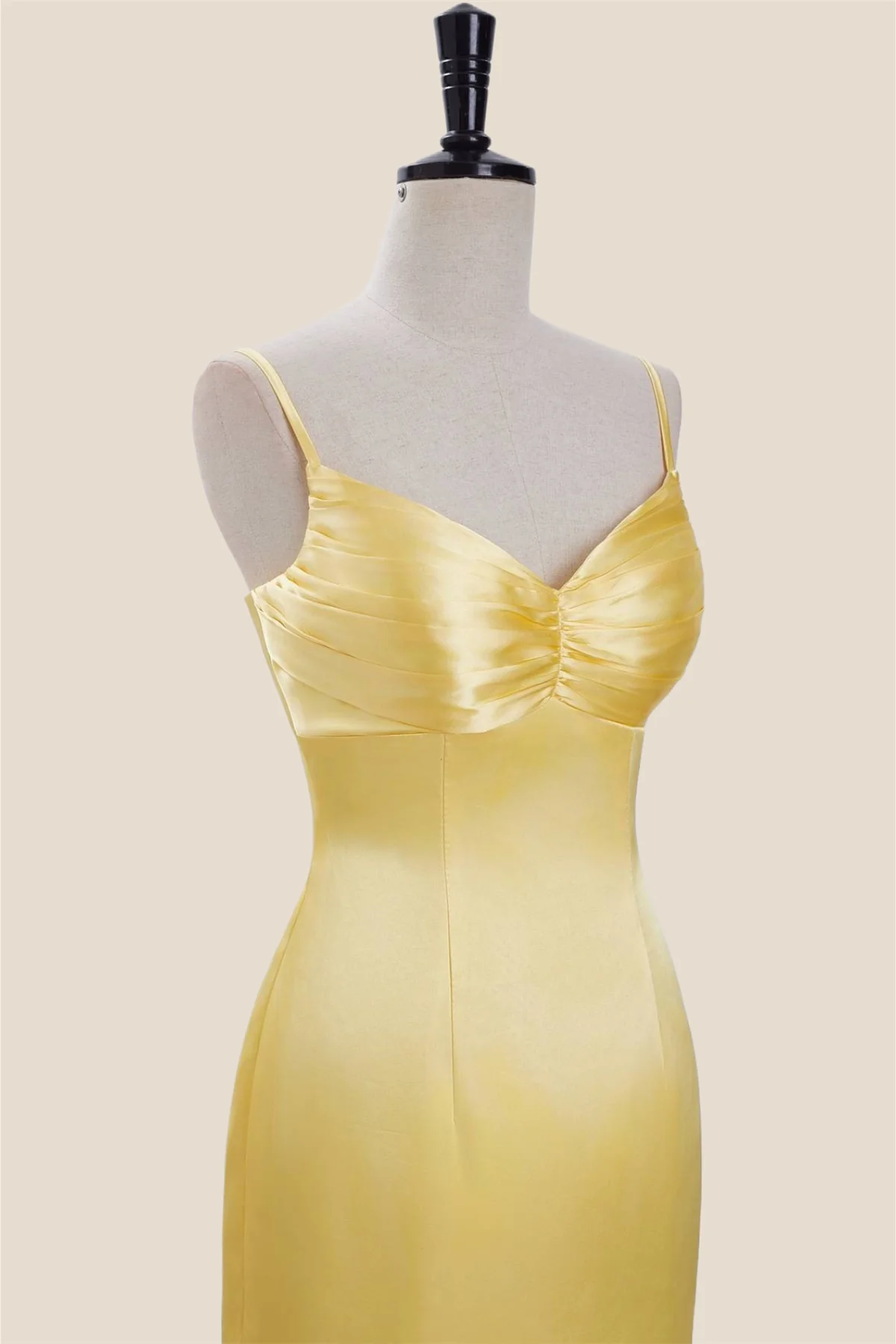 Straps Yellow Ruched Satin Bodycon Short Dress - Image 6