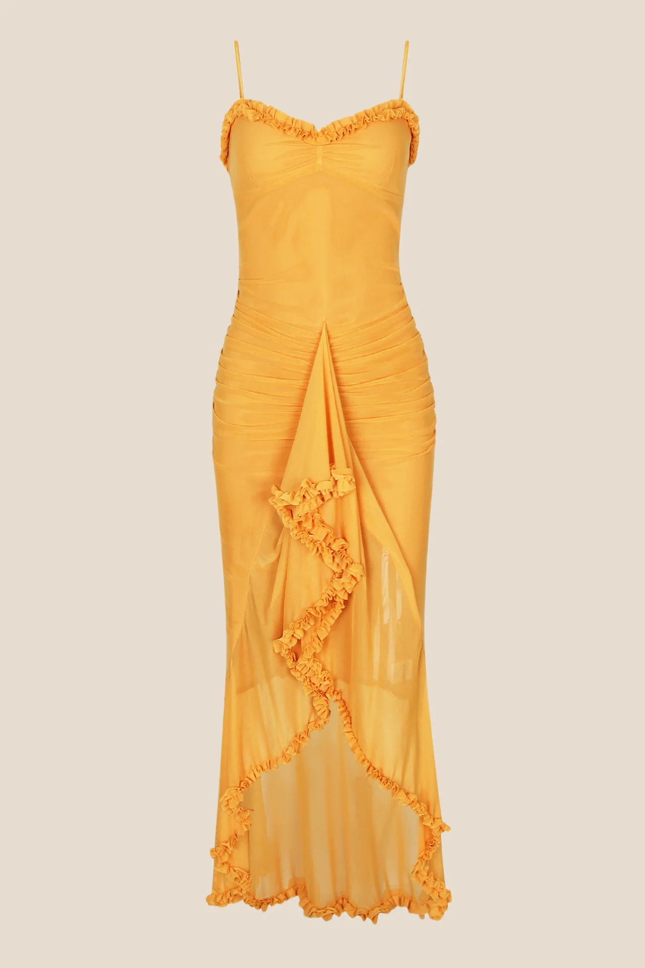 Straps Yellow Ruffled Front Irregular Long Dress