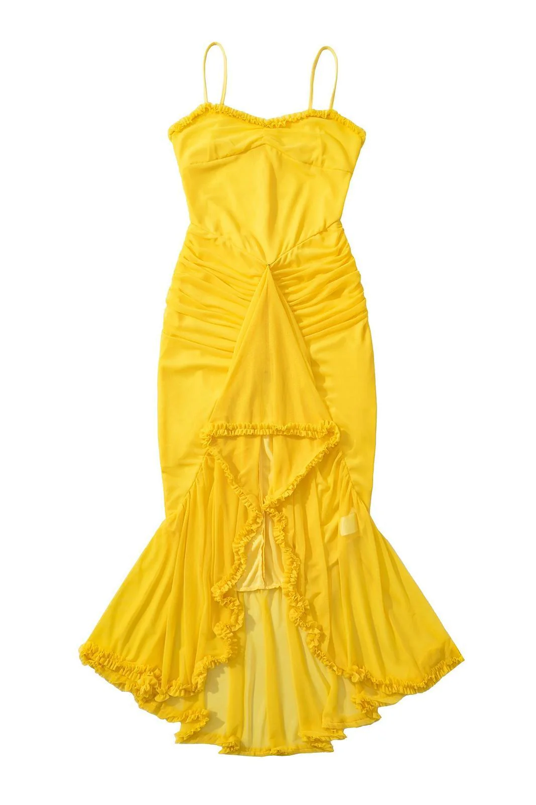 Straps Yellow Ruffled Front Irregular Long Dress - Image 10