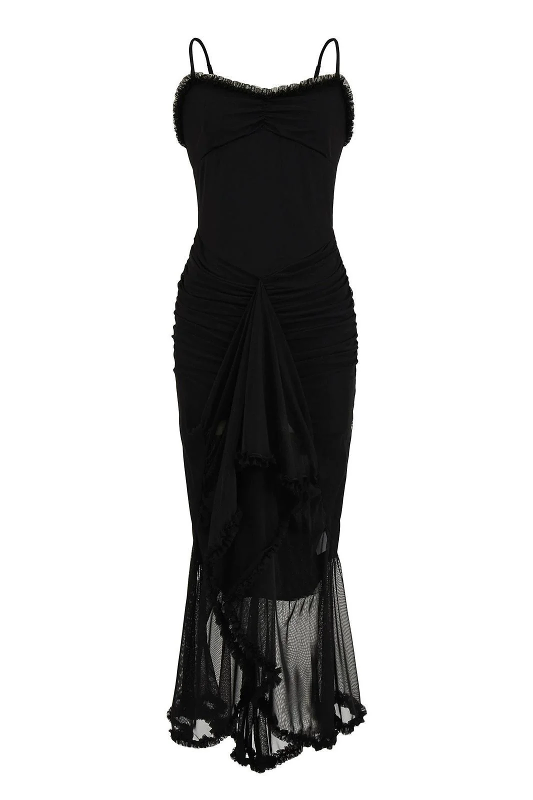 Straps Yellow Ruffled Front Irregular Long Dress - Image 11
