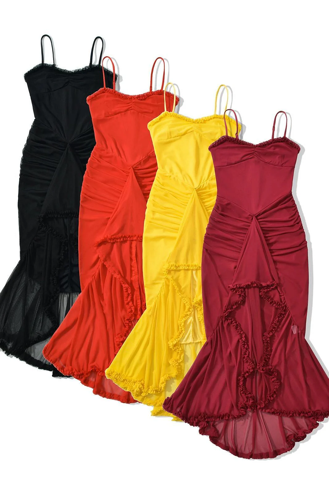 Straps Yellow Ruffled Front Irregular Long Dress - Image 12