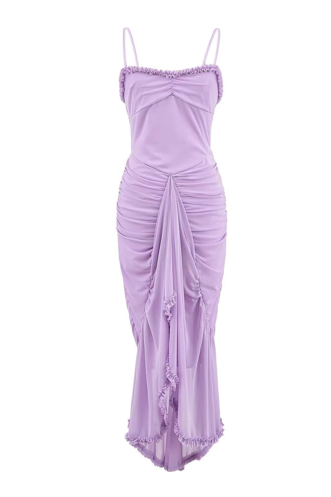 Straps Yellow Ruffled Front Irregular Long Dress - Image 3