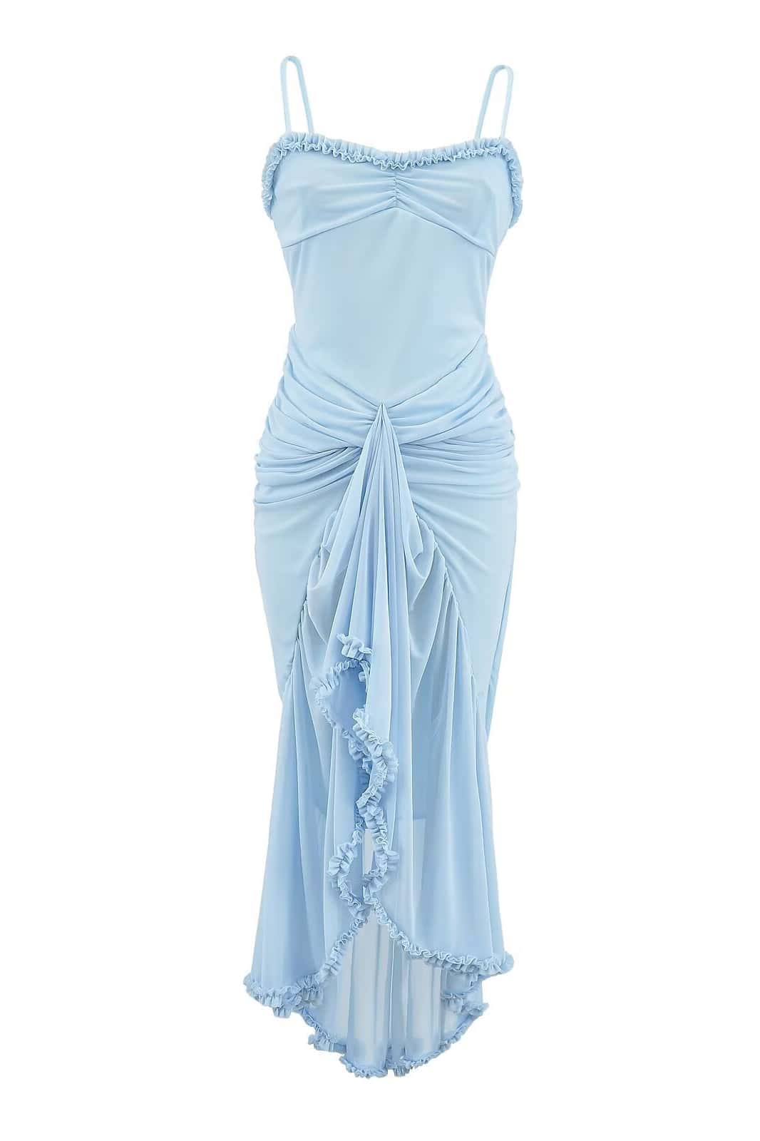 Straps Yellow Ruffled Front Irregular Long Dress - Image 4