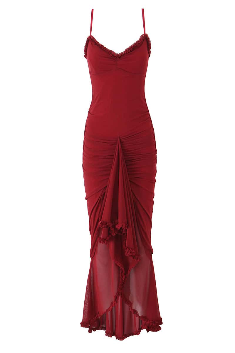 Straps Yellow Ruffled Front Irregular Long Dress - Image 5